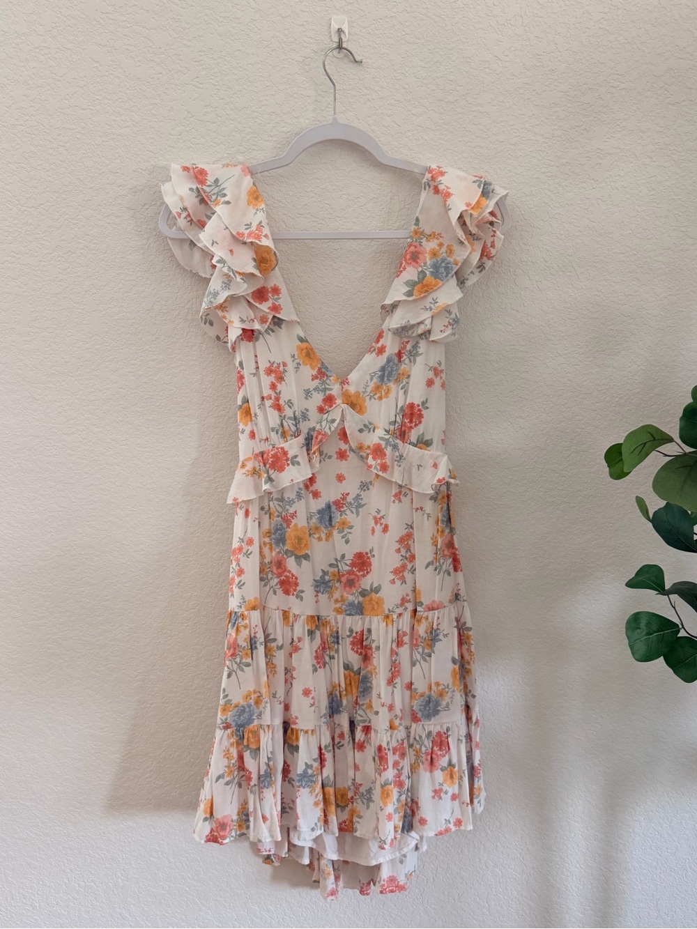 Cream Floral Ruffle V-Neck Mini Dress with Orange & Pink Blooms